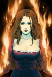  big_breasts breasts brown_hair cleavage dress eve_(parasite_eve) eve_(pe) female female fire large_breasts long_hair lowres melissa melissa_pearce parasite_eve solo sonou 