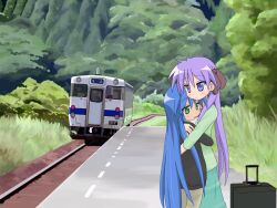  :3 bangs banned_artist blue_eyes blue_hair day eyebrows_visible_through_hair grass green_eyes green_skirt ground_vehicle height_difference hiiragi_kagami hug izumi_konata long_hair long_sleeves lucky_star mole mole_under_eye mountain_pukuichi multiple_girls outdoors pants purple_hair railroad_tracks skirt suitcase train train_station_platform very_long_hair yuri 