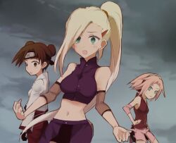  bad_id bad_pixiv_id banned_artist blonde_hair blue_eyes double_bun green_eyes headband ino_yamanaka midriff multiple_girls naruto naruto_(series) pink_hair ponytail sakura_haruno short_hair tenten yokige 