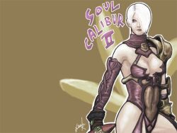  bare_shoulders breasts cleavage detached_sleeves female female hair_over_one_eye isabella_valentine kusanagi_shion_(elda) short_hair shoulder_pads solo soul_calibur soul_calibur_ii soulcalibur_ii white_hair 