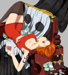  alcohol bills breasts brown_eyes cleavage coin dress earrings female female gem glass gold jewelry jolly_roger looking_at_viewer lying money mouth_hold nami nami_(one_piece) necklace on_back one_piece orange_hair pirate pirate_flag red_dress short_hair solo tattoo thighhighs treasure treasure_chest wine wine_glass wineglass 