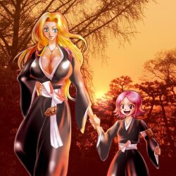  2girls bleach blonde_hair blush breasts center_opening cleavage huge_breasts kusajishi_yachiru matsumoto_rangiku multiple_girls pink_hair smile 