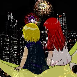  1boy aliasing blonde_hair city couple dress female fireworks gash_bell konjiki_no_gash konjiki_no_gash!! long_hair lowres moon night outdoors red_hair red_hair romantic short_hair sitting skyscraper tio_(gash_bell) tio_(konjiki_no_gash!!) tio_(zatch_bell) 