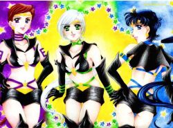  3girls arm_gloves bishoujo_senshi_sailor_moon bishoujo_senshi_sailor_moon_sailor_stars black_hair blue blue_eyes breasts brown_hair cleavage cleavage colorful green green_eyes kou_seiya kou_taiki kou_yaten long_hair multiple_girls ponytail purple purple_eyes sailor_fuku sailor_star_fighter sailor_star_healer sailor_star_maker sailor_starlights school_uniform serafuku silver_hair smile star stars tight tight_clothes violet_eyes yellow 