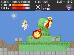  brago castlevania crossover dress fake_screenshot fight fighting fire flying jumping konjiki_no_gash konjiki_no_gash!! lowres magic parody sherry_bellmont sherry_belmont whip zofis 