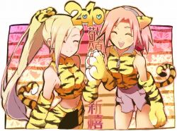  2girls animal_ears banned_artist blonde_hair high_five ino_yamanaka long_hair multiple_girls naruto naruto_(series) pink_hair ponytail sakura_haruno short_hair smile tail tiger yokige 