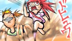  blonde_hair bloomers bulging_eyes crawling demon_girl konjiki_no_gash konjiki_no_gash!! lolicon long_hair lowres naomi red_hair red_hair running tio_(gash_bell) tio_(konjiki_no_gash!!) tio_(zatch_bell) twintails underwear what 