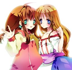  2girls ahoge arc_the_lad arc_the_lad_ii bad_id bad_pixiv_id bare_shoulders blue_eyes blush brown_hair cape clenched_hand coat crossover dress green_eyes hair_ornament hairband hairpin hexagram jewelry lieza_(arc_the_lad) lilka_eleniak long_hair long_sleeves low-tied_long_hair multiple_girls open_mouth red_cape rugo short_dress sidelocks simple_background smile star_(symbol) star_of_david twintails white_background wild_arms wild_arms_2 yellow_hairband 