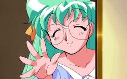  animated animated animated cute glasses green_hair happy long_hair ribbon seela seela_mcclegg viper viper_f40 wave waving 