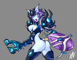  armor ass bad_id bad_pixiv_id banned_artist blue_eyes blue_skin breasts cleavage draenei glowing glowing_eyes horns large_breasts looking_back mace pointy_ears purple_hair shaman shield short_hair shoulder_pads simple_background solo tail warcraft weapon world_of_warcraft xil 