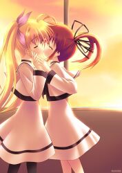  2girls fate_testarossa hair_ribbon hair_ribbons kissing lyrical_nanoha mahou_shoujo_lyrical_nanoha multiple_girls ribbon school_uniform takamachi_nanoha yuri 