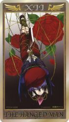  angry black_hair blood blue_eyes cleaver flower highres kanon_(umineko) rose tarot tarot_card tied tied_up umineko_no_naku_koro_ni 