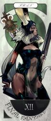  animal_ears art_nouveau commentary_request dark-skinned_female dark_skin female final_fantasy final_fantasy_xii fran_(ff12) helmet kinggainer long_hair rabbit_ears revealing_clothes solo thighhighs viera white_hair 