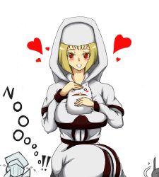  animal big_breasts blonde_hair blush breasts demon&#039;s_souls female from_software garl_vinland heart heart hood large_breasts maiden_astraea male red_eyes robe short_hair sitting souls_(from_software) tears yamaneko_ken yamanekoken yurt_the_silent_chief 