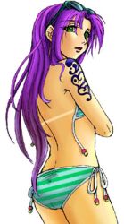  atago bare_back bikini bikini_bottom faris_scherwiz female female final_fantasy final_fantasy_5 green_eyes long_hair looking_back lowres purple_hair simple_background solo sunglasses swimsuit tattoo tattoos white_background 