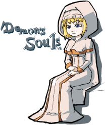  blonde_hair blue_eyes cape demon&#039;s_souls female female from_software full_body hood maiden_astraea maji_lege robe short_hair sitting solo souls_(from_software) white_background 