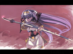  ahoge female ikawa_waki letterboxed long_hair naginata polearm purple_eyes purple_hair rance_(series) sengoku_rance senhime skirt solo weapon 