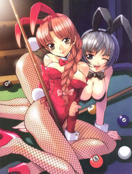  2girls 8-ball animal_ears ball billiard_ball billiards blue_eyes blue_hair bow bowtie braid breasts brown_hair cleavage cue_stick duplicate fishnet_pantyhose fishnets high_heels highres large_breasts multiple_girls one_eye_closed original pantyhose photoshop_(medium) playboy_bunny rabbit_ears shoes single_braid sonobe_kazuaki yellow_eyes 