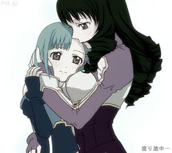  2girls age_difference black_hair brown_eyes dominura_(simoun) green_hair height_difference hug kiryuu_aoko limone_(simoun) long_sleeves lowres multiple_girls onee-loli purple_eyes simoun smile yuri 