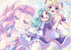  3girls aeru_(simoun) blonde_hair blue_eyes blush bow frills garter_belt green_eyes green_hair hairband holding_hands interlocked_fingers kusui_aruta limone_(simoun) looking_back maid multiple_girls neviril_(simoun) open_mouth photoshop_(medium) pink_hair purple_eyes simoun thighhighs 