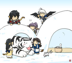  5girls animal_ears aruruu camyu chibi dog_ears head_wings karulau kurotani_kyoukutsu long_hair lowres mukkuru multiple_girls ponytail purple_hair touka_(utawarerumono) utawarerumono wings yuzuha_(utawarerumono) 