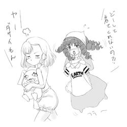  2girls angry bloomers blush braid chibi closed_eyes clothes_writing dominura_(simoun) dress drill_hair frankenplush_(simoun) greyscale hat limone_(simoun) lipstick lolicon long_hair lowres makeup monochrome multiple_girls open_mouth puff_of_air shirt short_hair side_braid simoun stuffed_animal stuffed_toy sweatdrop t-shirt tears topless tougarashi_hideyu translated underwear 