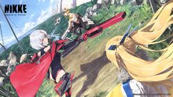  3girls absurdres aqua_eyes armor black_leotard blonde_hair breasts cape cleavage closed_mouth cloud day drake_(nikke) fur_trim goddess_of_victory:_nikke grass grey_hair grin gun hat highres holding holding_gun holding_weapon laplace_(nikke) large_breasts leotard logo long_hair matis_(nikke) maxwell_(nikke) mechanical_legs multiple_girls official_art outdoors rock science_fiction second-party_source shadow short_hair sky smile somehira_katsu twintails very_long_hair visor_cap weapon 