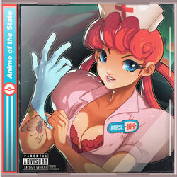  album_cover_redraw blink-182 blue_eyes blue_gloves bra breasts butterfree cleavage cover derivative_work dress edwin_huang enema_of_the_state_(album) english_commentary english_text fake_cover female gloves hat joy_(pokemon) latex latex_gloves lipstick long_eyelashes long_hair makeup medium_breasts nurse nurse_cap oddish parental_advisory parody parted_lips pink_dress pink_lips pokemon pokemon_(anime) puffy_short_sleeves puffy_sleeves red_bra red_hair short_sleeves single_glove solo underwear 