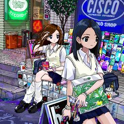  2girls ace_akira black_hair blue_eyes brown_hair cd cellphone cellphone_charm charm_(object) gyaru holding holding_phone jaggy_lines kogal loafers long_hair loose_socks mcdonald&#039;s medium_hair multiple_girls original phone pixel_art school_uniform shoes socks storefront sweater_vest 