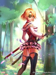  ahoge belt black_thighhighs blonde_hair blue_eyes commentary_request company_name day eyepatch fantasy female forest frilled_skirt frills gensou_michiru holding holding_sword holding_weapon looking_back nature official_art outdoors seisen_cerberus sheath short_hair skirt solo standing sunlight sword thighhighs tree weapon 