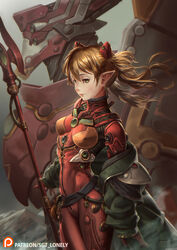  adapted_costume belt bodysuit breasts brown_hair coat covered_nipples crossover eldar elf english_commentary eva_02 evangelion_(mecha) female green_coat green_eyes headgear highres holding holding_polearm holding_weapon interface_headset lips long_coat long_hair looking_at_viewer loose_belt mecha medium_breasts multicolored_bodysuit multicolored_clothes neon_genesis_evangelion nose off_shoulder orange_bodysuit pilot_suit plugsuit pointy_ears polearm rebuild_of_evangelion red_bodysuit robot science_fiction sgt_lonely solo_focus souryuu_asuka_langley spear spear_of_cassius titan_(warhammer_40k) twintails warhammer_40k weapon 