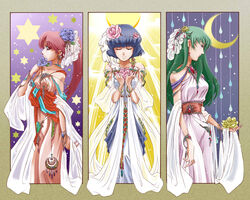  3girls blue_flower blue_hair blue_rose closed_eyes crescent_moon dress fire_emblem fire_emblem_gaiden flower genny_(fire_emblem) green_hair hexagram long_hair moon multiple_girls ponytail red_dress red_hair rose short_hair silque_(fire_emblem) smile tatiana_(fire_emblem) towa_(towa_no_jiyuuchou) very_long_hair white_dress wristband yellow_flower yellow_rose 