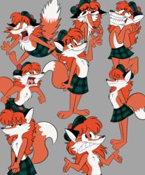  2020 3_toes angry anthro barefoot big_teeth canid canine clenched_teeth clothed clothing crazy_eyes expression_sheet expressions facial_expressions feet female fox gesture grin hair happy hat headgear headwear hi_res insane kabula_(artist) kilt mammal red_fox red_hair sad scottish shocked shrug smile solo teeth toes toony topless true_fox tuft yelling 