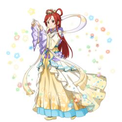  alpha_transparency closed_mouth cosplay dress female full_body hagoromo highres long_dress long_hair long_sleeves official_art orihime_(tanabata) orihime_(tanabata)_(cosplay) red_eyes red_hair sash shawl smile solo standing sword_art_online sword_art_online:_alicization sword_art_online:_memory_defrag tanabata tied_hair tiese_schtrinen transparent_background very_long_hair wide_sleeves yellow_dress 