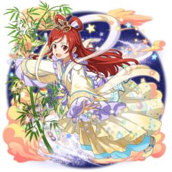  bamboo cosplay dress female floating_hair flying full_body highres long_hair long_sleeves official_art orihime_(tanabata) orihime_(tanabata)_(cosplay) outstretched_arms outstretched_hand red_eyes red_hair sky solo star_(sky) star_(symbol) starry_sky swept_bangs sword_art_online sword_art_online:_alicization sword_art_online:_memory_defrag tanabata tied_hair tiese_schtrinen transparent transparent_background very_long_hair wide_sleeves yellow_dress 