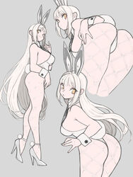  absurdres animal_ears ascot ass black_ascot blanc_(nikke) blunt_bangs breasts detached_collar eyeliner fake_animal_ears fake_tail female fishnet_pantyhose fishnets from_behind goddess_of_victory:_nikke grey_background hand_on_own_ass high_heels highleg highleg_leotard highres leotard long_hair looking_at_viewer looking_back makeup medium_breasts multiple_views orange_eyeliner orange_eyes pantyhose playboy_bunny rabbit_ears rabbit_tail sideboob simple_background stiletto_heels strapless strapless_leotard tail thong_leotard toshinoshin very_long_hair white_footwear white_hair white_leotard wrist_cuffs 