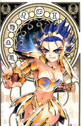  angry armor bikini_armor blue_eyes blue_hair breasts cancer_(symbol) cancer_(zodiac) cancer_death_mask cleavage clenched_hand clenched_teeth female future_studio_(artist) gemini_(symbol) genderswap_(mtf) gold_armor gold_saint grin helm helmet leo_(symbol) libra_(symbol) medium_breasts midriff mu_fengchun pointing rule_63 saint_seiya scorpio_(symbol) shiny short_hair skull_and_crossbones smile solo spiked_hair taurus_(symbol) teeth virgo_(symbol) watermark zodiac zodiac_wheel 