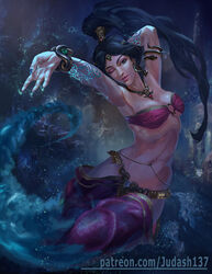  1girls aladdin arabian arabian_clothes armlet armpits arms_up bandeau bare_arms bare_shoulders belly_dancer belly_piercing bikini_top black_hair bracelet breasts cleavage clothing collar curly_hair dancing dark-skinned_female dark_skin disney disney_princess earrings fantasy female female_only green_eyes harem_outfit harem_pants human human_only jafar_harem_outfit jewelry judash137 long_hair looking_at_viewer midriff navel navel_piercing necklace one_eye_closed open_mouth pants parted_lips ponytail princess_jasmine see-through smile solo strapless strapless_bra tiara very_long_hair 