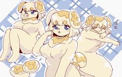  2022 3_fingers 3_toes anthro arm_tuft barefoot big_breasts blonde_hair blue_background blue_eyes blush blush_lines bob_cut bread breasts butter canid canine canis cheek_tuft closed_eyes closed_smile cute_fangs dairy_products dewlap_(anatomy) digital_media_(artwork) domestic_dog elbow_tuft eye_through_hair eyebrow_through_hair eyebrows facial_tuft feet female fidough fingers food food_creature front_view fur generation_9_pokemon glistening glistening_eyes hair hair_bun head_markings hi_res knee_tuft leg_tuft light_body light_fur light_hair looking_at_viewer looking_away mammal markings mouth_closed multiple_angles multiple_images multiple_poses nintendo nude nude_female open_mouth open_smile pattern_background plaid plaid_background pokemon pokemon_(species) pose simple_background sitting sleeping slightly_chubby smile snout solo sound_effects standing suda tail toes translucent translucent_hair tuft vowelless vowelless_sound_effect yellow_body yellow_fur yellow_tail zzz 