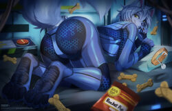  2021 all_fours anthro ass blue_hair bodysuit butt_focus camel_toe canid canine canis clothing collar digital_media_(artwork) dog_food dog_treat female hair hi_res looking_back maku_(maku450) mammal metroid nintendo pet_food purplelemons raised_tail rear_view science_fiction shaded skinsuit smile solo space spacesuit tail tight_clothing wolf yellow_eyes zero_suit 