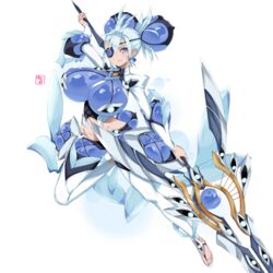  bea_(bropmlk) blue_eyes blue_hair breasts eyepatch female highres huge_breasts polearm praxis_(xenoblade) sandals simple_background solo spear weapon white_background xenoblade_chronicles_(series) xenoblade_chronicles_2 