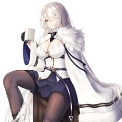  azur_lane black_gloves black_necktie black_pantyhose blue_skirt blush boots box breasts cleavage coat cup enchuu_kakiemon female fur-trimmed_boots fur-trimmed_coat fur_trim gloves grey_hair hair_over_one_eye highres holding holding_cup kirov_(azur_lane) large_breasts long_hair long_sleeves looking_at_viewer miniskirt necktie on_box one_eye_covered pantyhose pleated_skirt simple_background sitting sitting_on_box skirt smile solo thigh_strap very_long_hair white_background white_coat white_footwear wide_sleeves yellow_eyes 