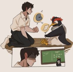  avian bird chalkboard clothing duo hi_res human male mammal neon_genesis_evangelion paper pen_pen_(evangelion) penguin rock rock_paper_scissors roshambo school_uniform shinji_ikari skyberia tokyo-3_middle_school_uniform uniform 