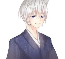  1boy animal_eyes japanese_clothes kamisama_hajimemashita male male_focus purple_eyes short_hair simple_background solo tomoe_(kamisama_hajimemashita) white_hair 