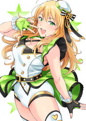  :d belt black_belt blonde_hair blush breasts cleavage commentary_request costume cowboy_shot female fingerless_gloves gloves gold_trim green_eyes green_gloves hat highres hoshii_miki idol idolmaster idolmaster_(classic) idolmaster_stella_stage large_breasts leotard long_hair looking_at_viewer open_mouth overskirt smile solo star_(symbol) thighhighs top!_clover_(idolmaster) tsurui v white_background 