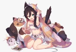  ^^^ alarm_clock animal_band animal_ears animal_print bare_legs barefoot bell belt black_hair black_ribbon blanket bloomers blue_eyes book book_stack cat_ears cat_print cat_tail cellphone clock collar commentary_request crop_top female hair_between_eyes hand_up heterochromia jingle_bell kai-ri-sei_million_arthur long_hair looking_at_viewer messy_hair midriff million_arthur_(series) motion_lines navel neck_bell official_art open_book open_mouth paw_print phone ribbon ribbon_trim scrunchie shorts sitting solo stitches stomach stuffed_animal stuffed_cat stuffed_toy tail underwear unworn_collar wariza wavy_mouth white_background white_shorts wire wrist_scrunchie x2 x_x 