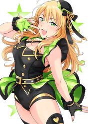  :d belt black_belt blonde_hair blush breasts cleavage commentary_request costume cowboy_shot female fingerless_gloves gloves gold_trim green_eyes green_gloves hat highres hoshii_miki idol idolmaster idolmaster_(classic) idolmaster_stella_stage large_breasts leotard long_hair looking_at_viewer open_mouth overskirt smile solo star_(symbol) thighhighs top!_clover_(idolmaster) tsurui v white_background 