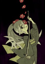  black_background commentary_request female flower hair_flower hair_ornament japanese_clothes katana kimono limited_palette long_hair looking_at_viewer mintperil multicolored_hair ponytail solo sword tsubakihime_(youkai_watch) two-tone_hair weapon youkai_(youkai_watch) youkai_watch 