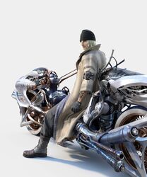  absurdres bicycle blonde_hair boots facial_hair female final_fantasy final_fantasy_xiii gloves highres looking_back male male_focus motor_vehicle motorcycle nix official_art shiva_(final_fantasy) shiva_sisters sitting snow_villiers solo stiria stubble tattoo trench_coat vehicle 