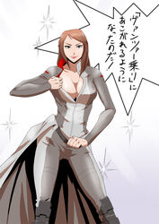  adela_seawell belt blue_eyes breasts brown_hair cleavage collarbone commentary_request d_(atelierd) female front_mission front_mission_evolved giorno_giovanna&#039;s_pose_(jojo) jojo_no_kimyou_na_bouken jojo_pose large_breasts lips long_hair open_clothes parody pilot_suit solo sparkle standing translation_request vento_aureo white_background 